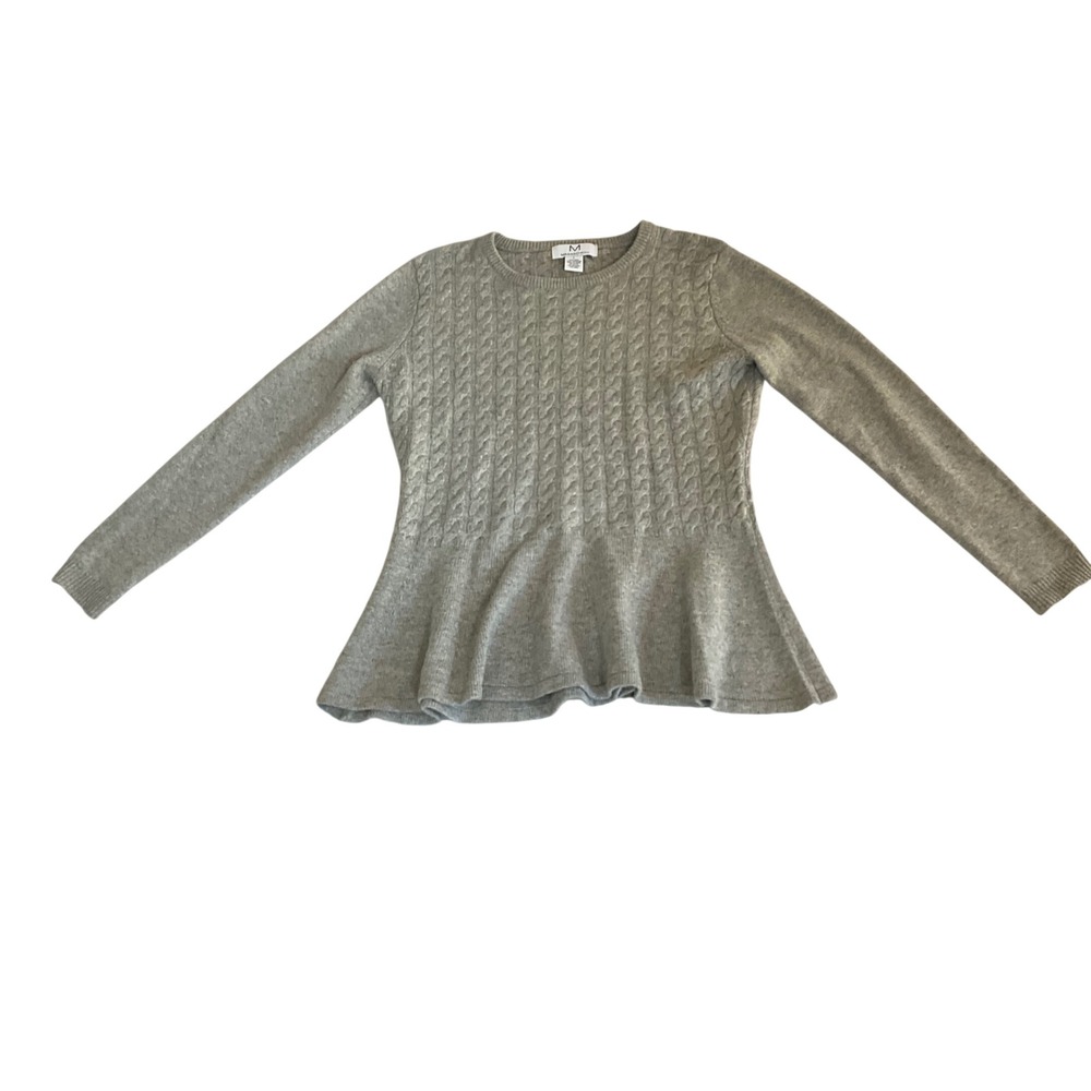 Magaschoni Sweater Women Large Grey Wool Cashmere Cable Knit Peplum Hem